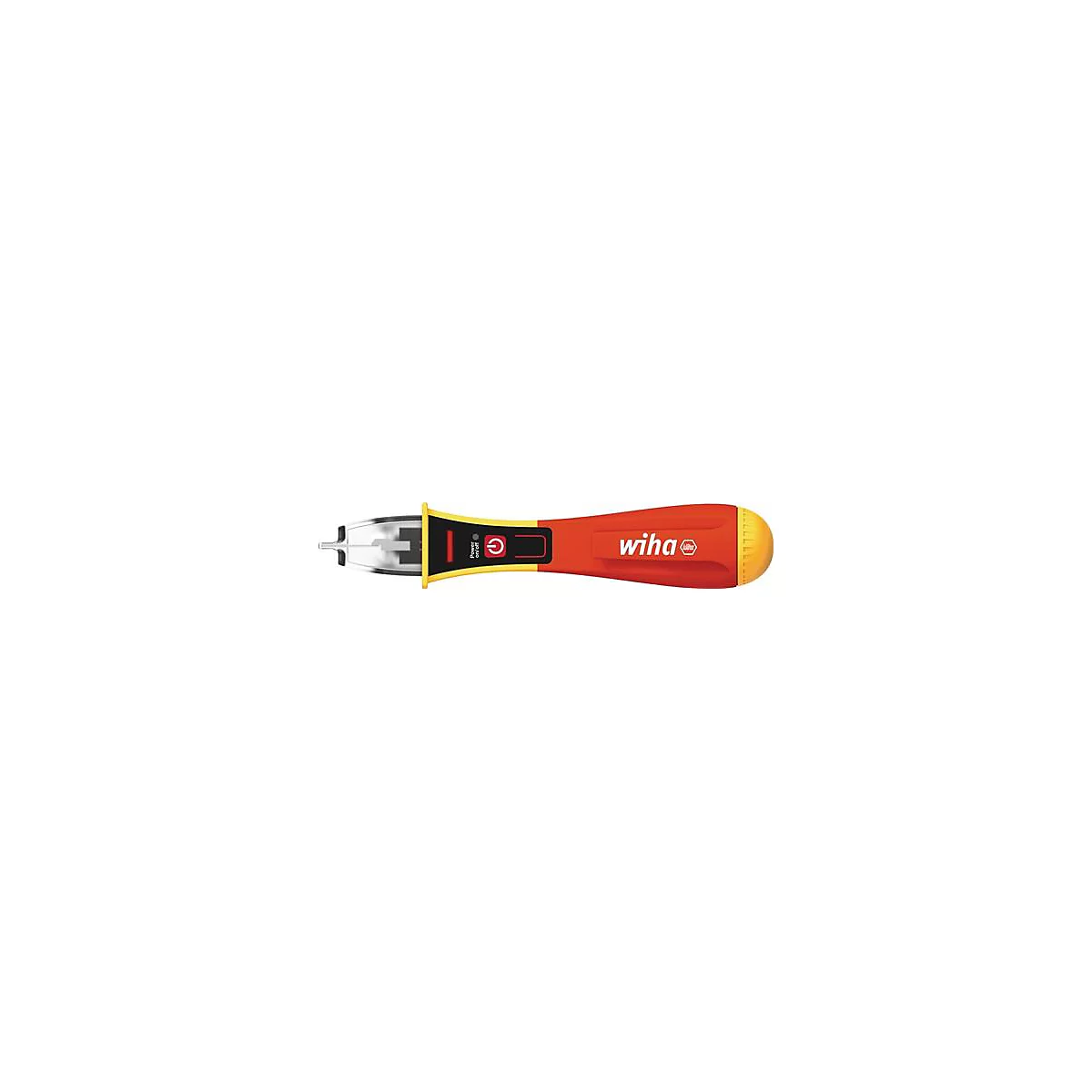 Un testeur de tension jaune et rouge avec pointe, logo wiha et interrupteur marche-arrêt.
