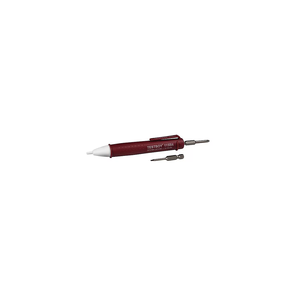 Un tournevis rouge avec l'inscription TESTBOY 115Bit et un embout supplémentaire.
