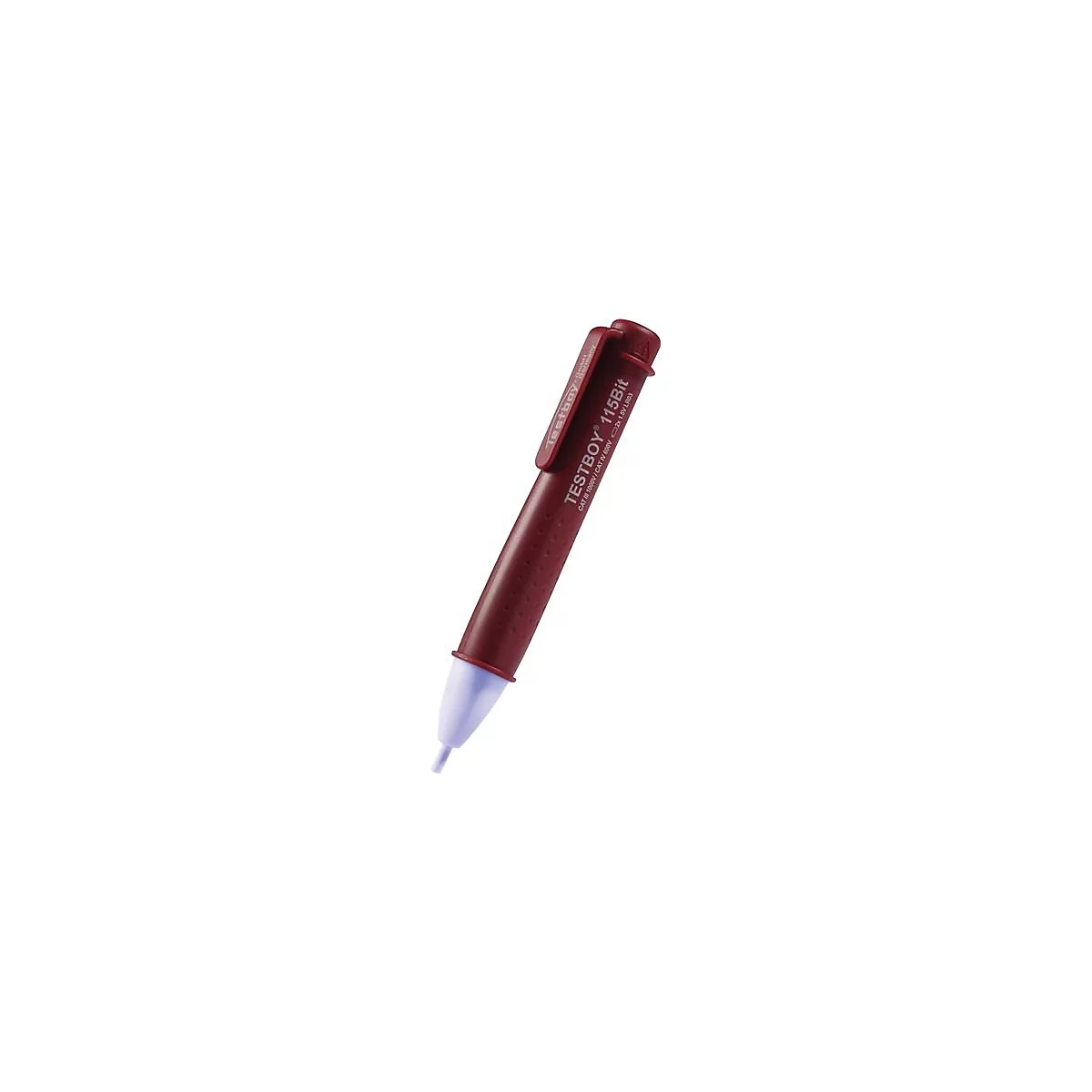 Un testeur de tension rouge en forme de stylo avec l'inscription "TESTBOY 115Bit". La pointe est claire et conique.