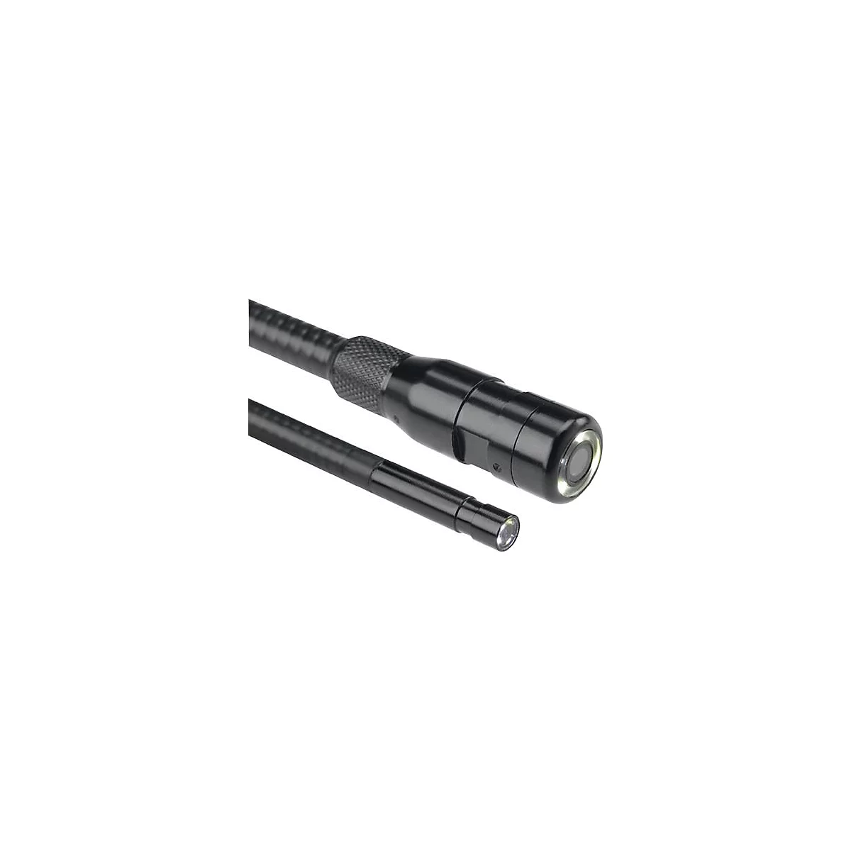 Gros plan sur une caméra d'endoscope noire avec éclairage LED. La tête de la caméra est ronde et brillante, la tige est flexible.