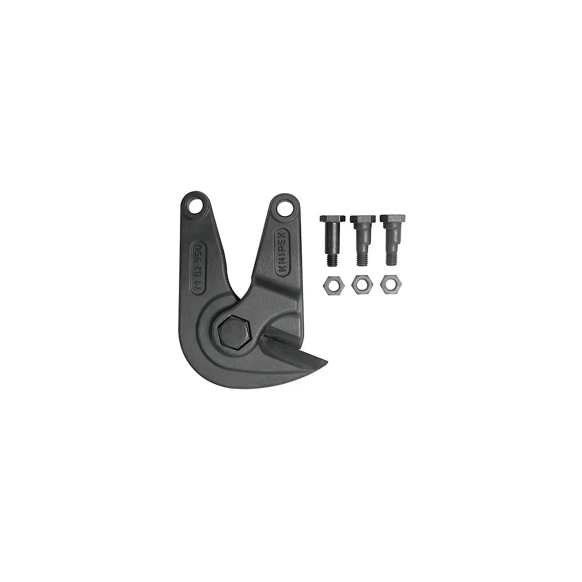 Coupe-boulons gris foncé avec pièces de rechange, sur fond blanc. L'outil indique "KNIPEX" et un numéro.
