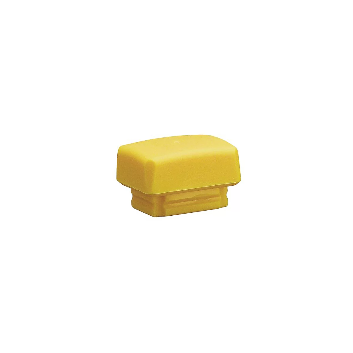 Bouchon en plastique jaune rectangulaire avec des bords arrondis et une partie rainurée en dessous. Fond blanc.