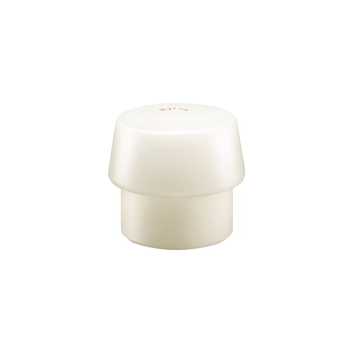 Une pièce en plastique blanche en forme de champignon, étiquetée Nylon. La tête est ronde et le pied est cylindrique.