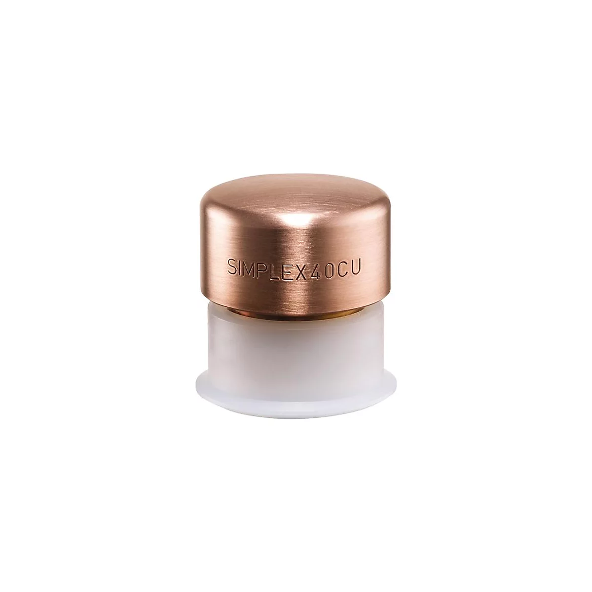 Couvercle de couleur cuivre avec l'inscription SIMPLEX40CU, posé sur une pièce en plastique blanc.