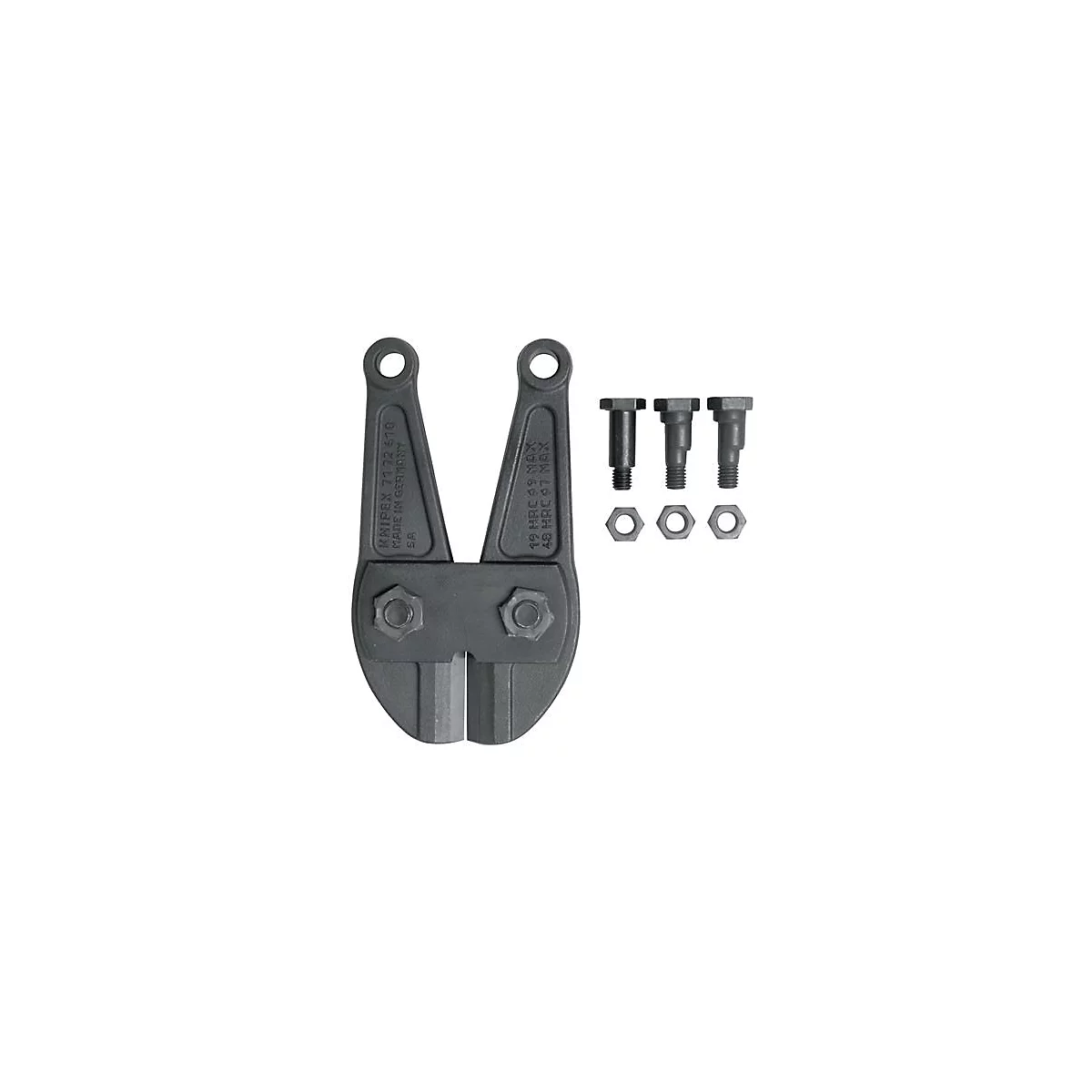 Coupe-boulons noir avec vis et écrous. Sur le coupe-boulons, il est écrit : KNIPEX 77 72 670 MADE IN GERMANY.