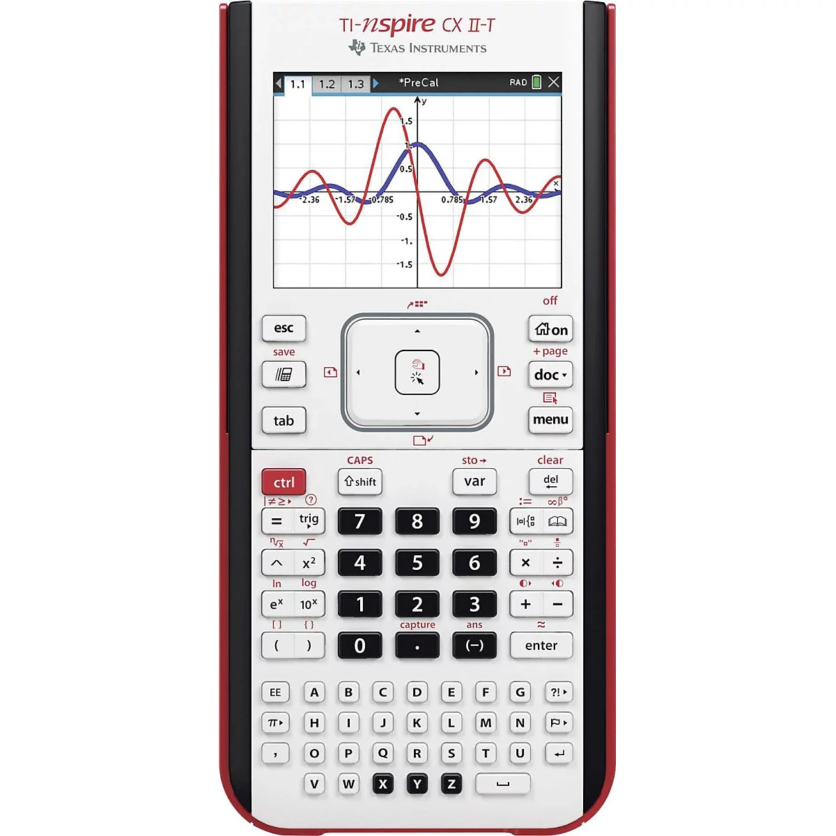 Ein roter und weißer TI-Nspire CX II-T Taschenrechner mit einem Bildschirm, der ein Diagramm mit zwei Kurven zeigt, und einer Tastatur.
