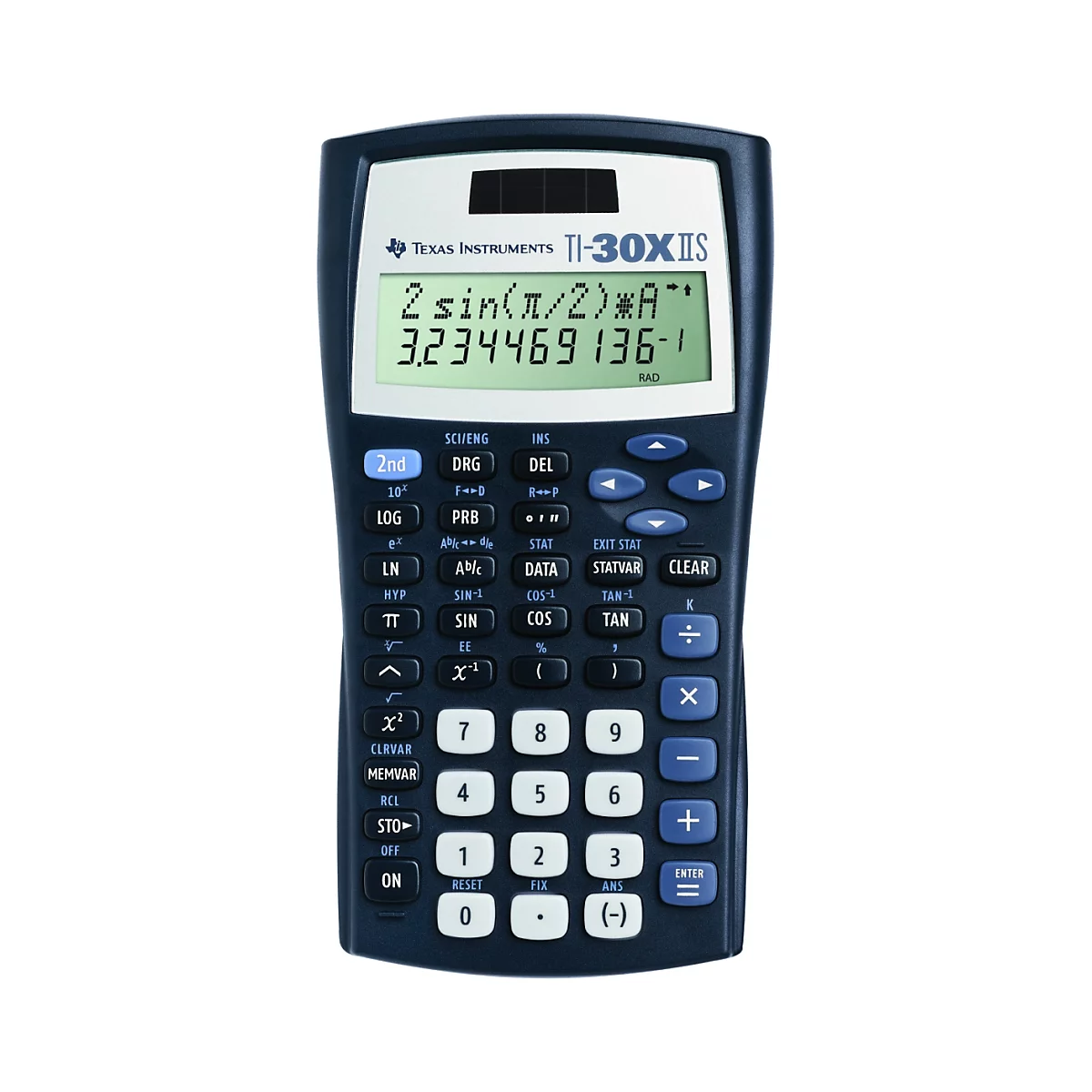 Ein dunkelblauer Taschenrechner TI-30X IIS mit weißem Display, auf dem eine Berechnung angezeigt wird. Blaue und weiße Tasten.
