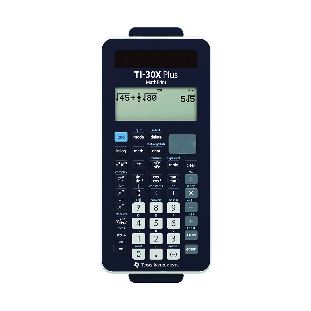 Dunkelblauer Taschenrechner TI-30X Plus. Im Display wird eine mathematische Gleichung angezeigt. Auf den Tasten sind Funktionen und Zahlen beschriftet.