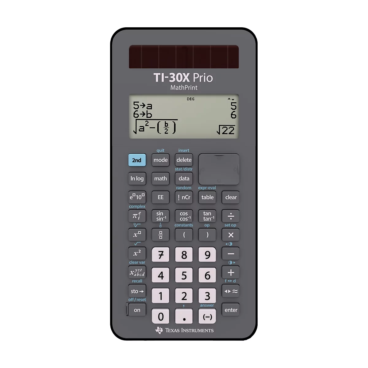 Grauer Taschenrechner mit Display, auf dem eine mathematische Formel und das Ergebnis angezeigt werden. Auf den Tasten sind Funktionen und Zahlen beschriftet.