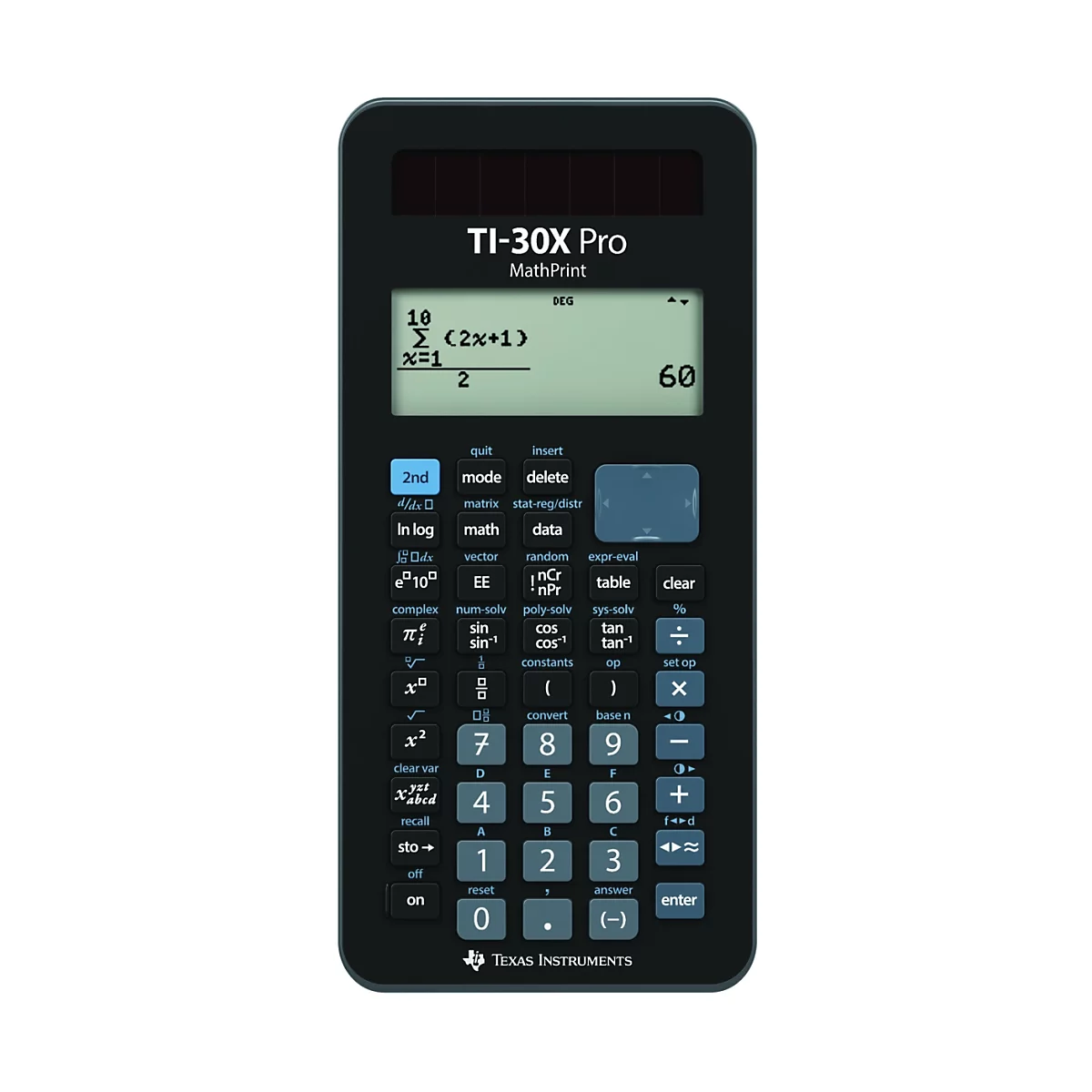 Schwarzer Taschenrechner mit Display, auf dem eine mathematische Formel und das Ergebnis 60 angezeigt werden. Blaue Tasten und der Schriftzug TI-30X Pro.