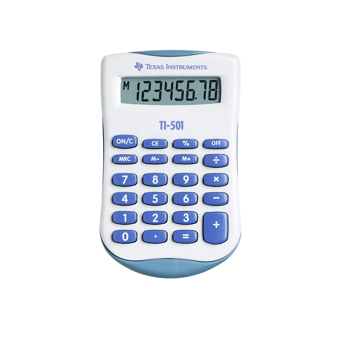 Weiß-blauer Taschenrechner mit Display, Tasten und der Anzeige 123456.78. Die Marke ist Texas Instruments.