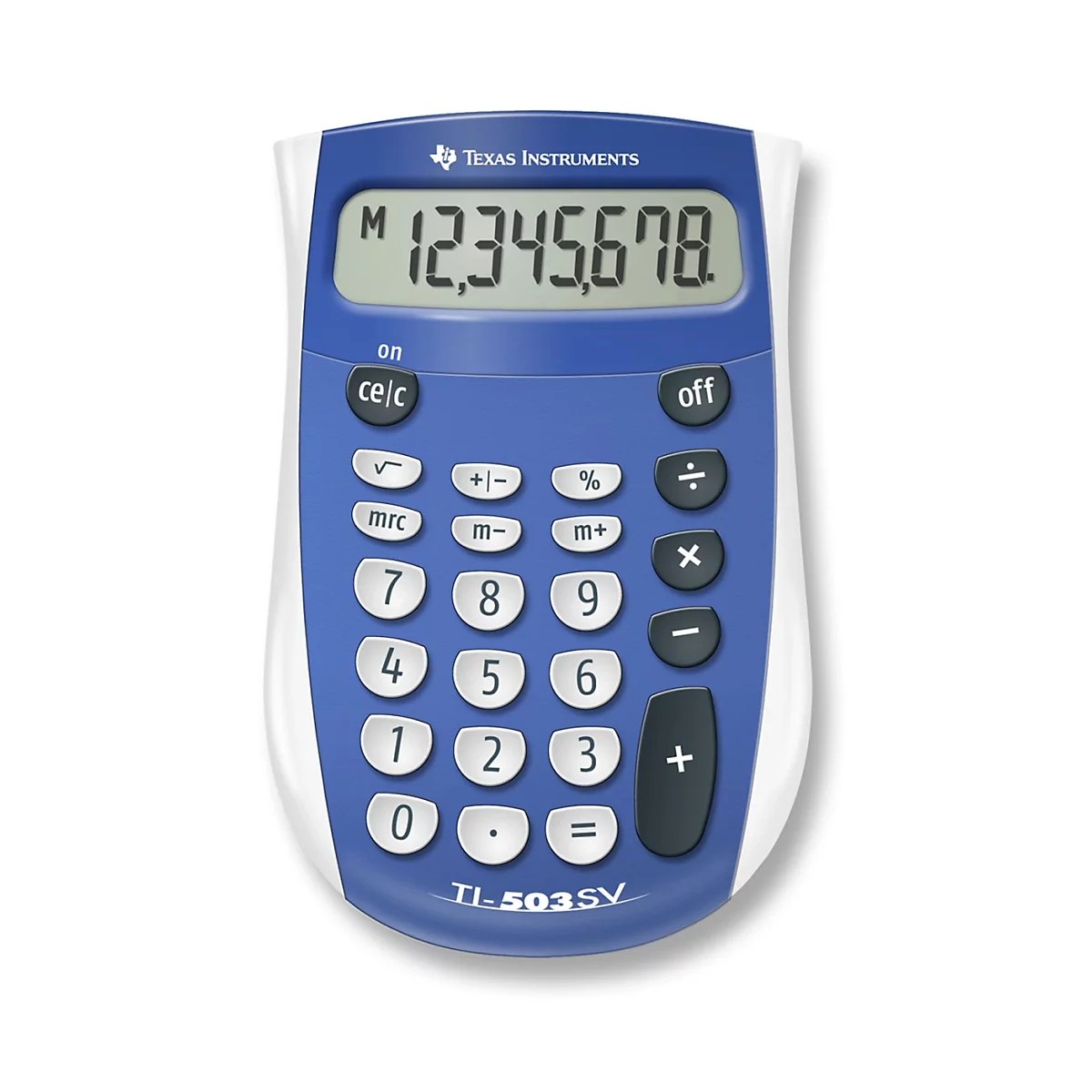 Blauer Taschenrechner mit weißen Tasten. Auf dem Display steht 12.345.678. Oberhalb steht "Texas Instruments".