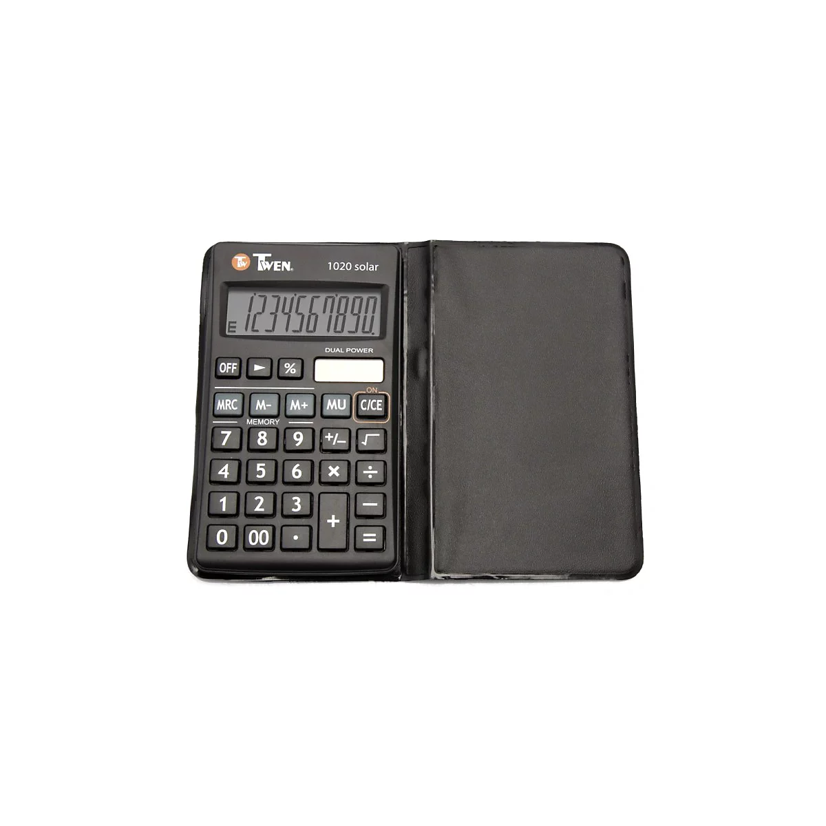 Schwarzer Taschenrechner mit aufgeklappter Hülle, die Zahlen auf dem Display zeigen: 1234567890.