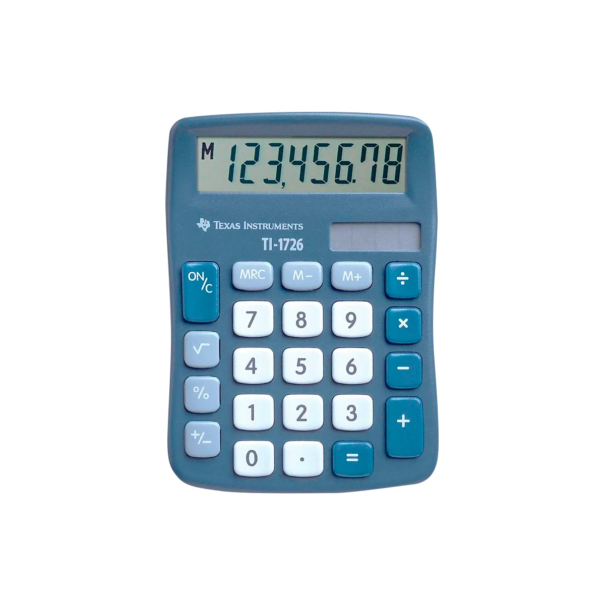 Blauer Taschenrechner mit Display, auf dem die Zahl 123.456.78 angezeigt wird. Tasten beschriftet mit Zahlen, Rechenoperationen und Funktionen.