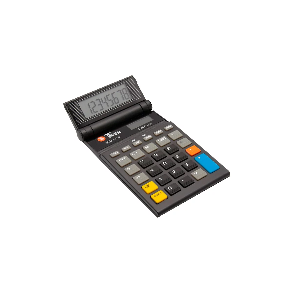 Ein grauer Taschenrechner mit Display, auf dem die Ziffern 12345678 angezeigt werden. Die Tasten sind schwarz, grau, orange und blau.