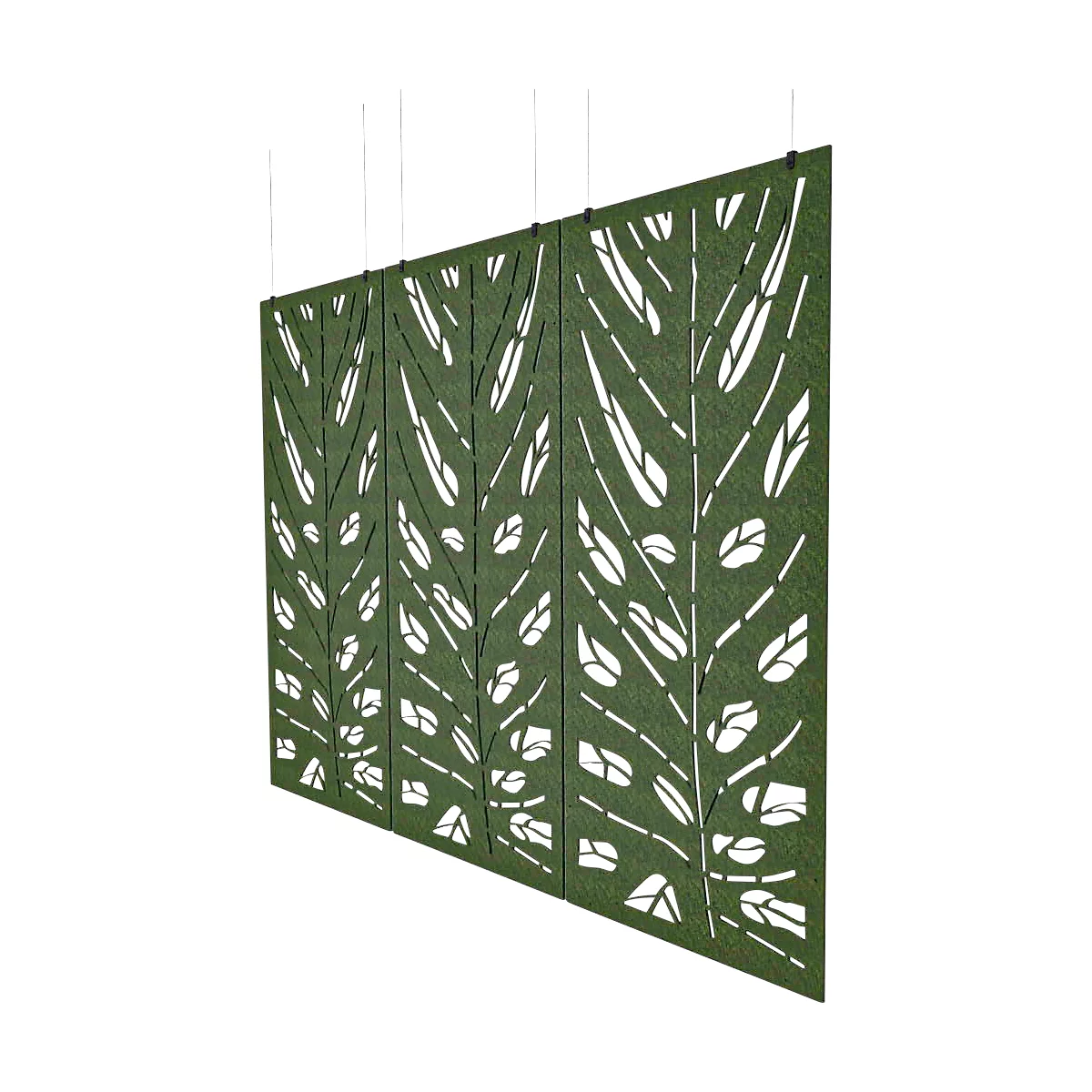 Groen decoratief scheidingspaneel met bladerontwerp. Uitgesneden bladvormen creëren een patroon dat licht doorlaat.
