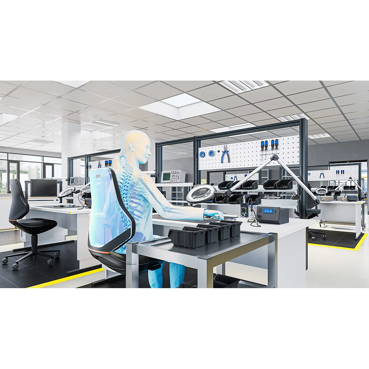 TEXON 2 Siège pivotant ESD pour zones électroniques sensibles, tissu noir, avec roulettes