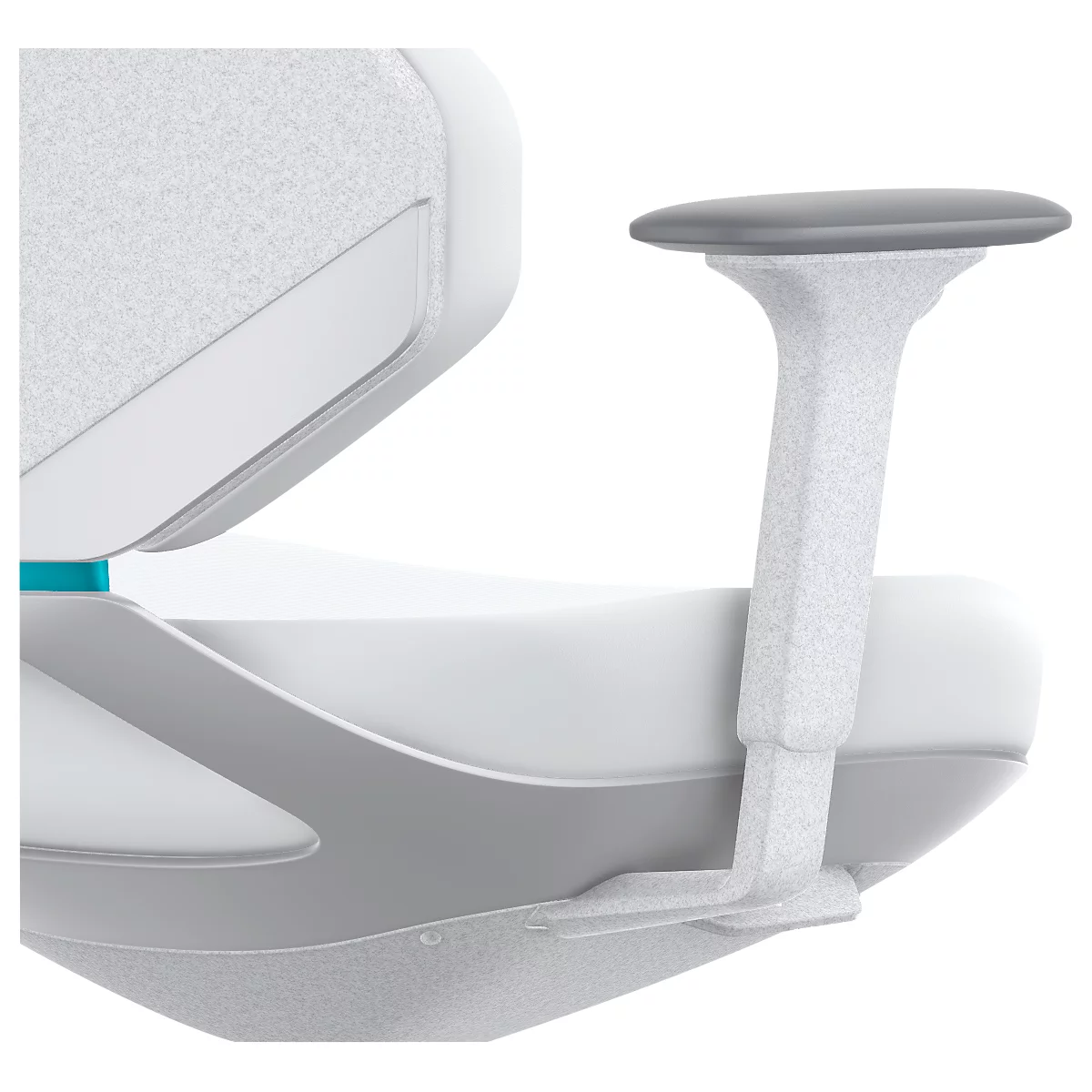 Close-up of a modern ergonomic seat with a gray armrest and a white cover.