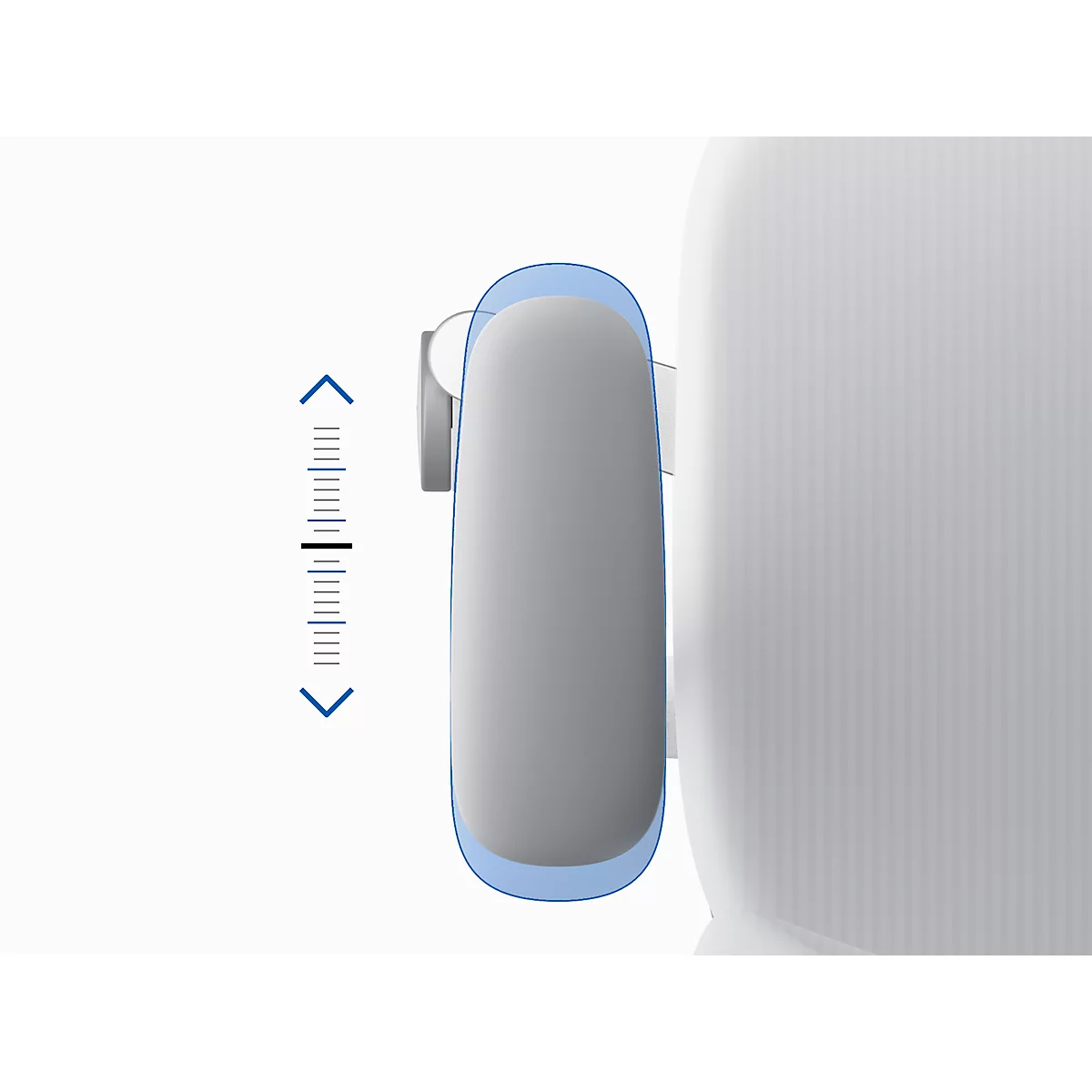 Close-up of a white device with blue lines and height adjustment indicator.