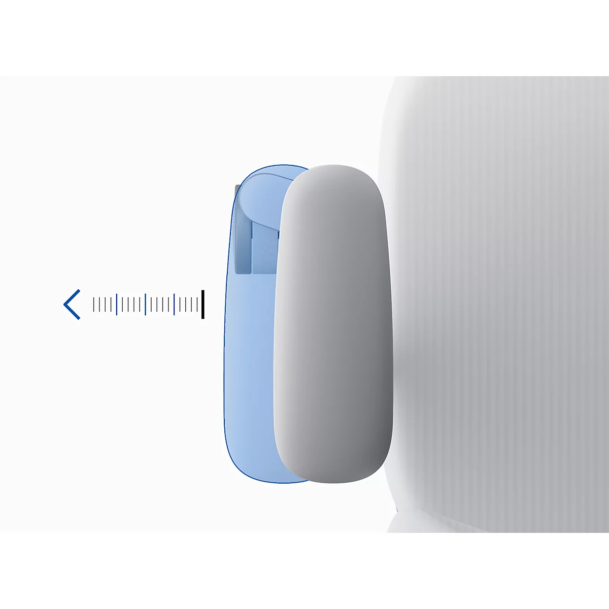 Close-up of an earbud in a blue case, next to a gray earbud inserted into a white ear. A blue bar indicates the volume.