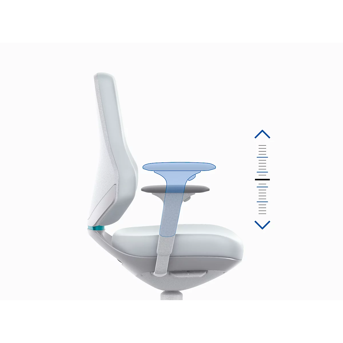 Side view of a white office chair. Blue highlighting of the armrest adjustment.