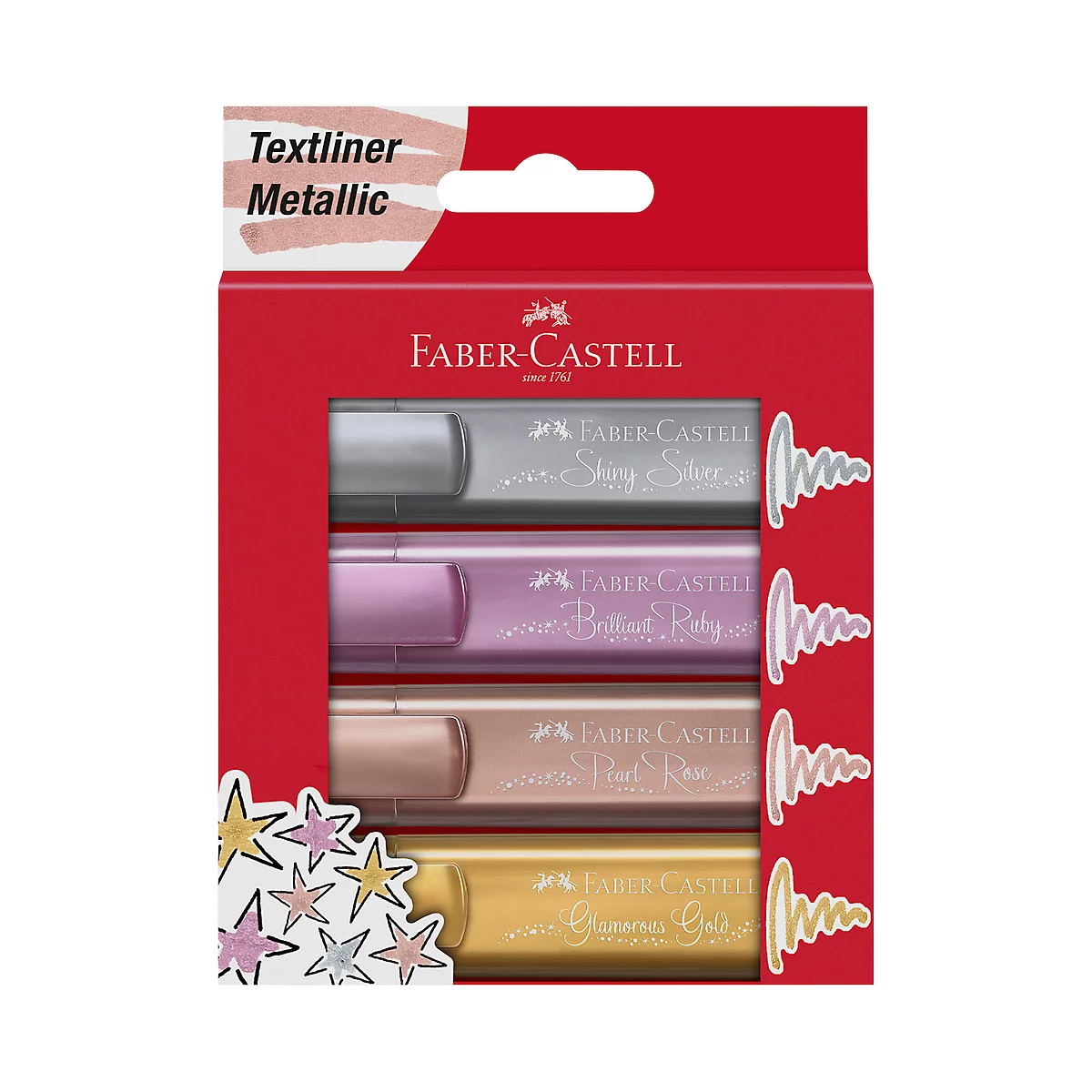 Textmarker Faber-Castell TL 46 Metallic, 3 Strichstärken: 1/2/5 mm, Tinte auf Wasserbasis, im 4er Etui, farbsortiert