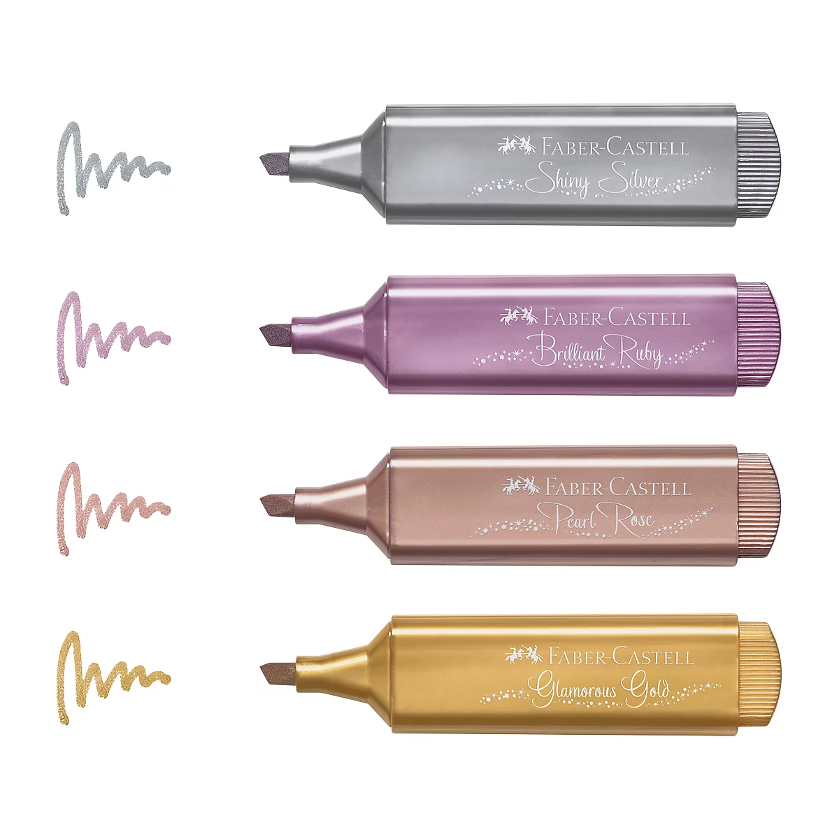 Textmarker Faber-Castell TL 46 Metallic, 3 Strichstärken: 1/2/5 mm, Tinte auf Wasserbasis, im 4er Etui, farbsortiert