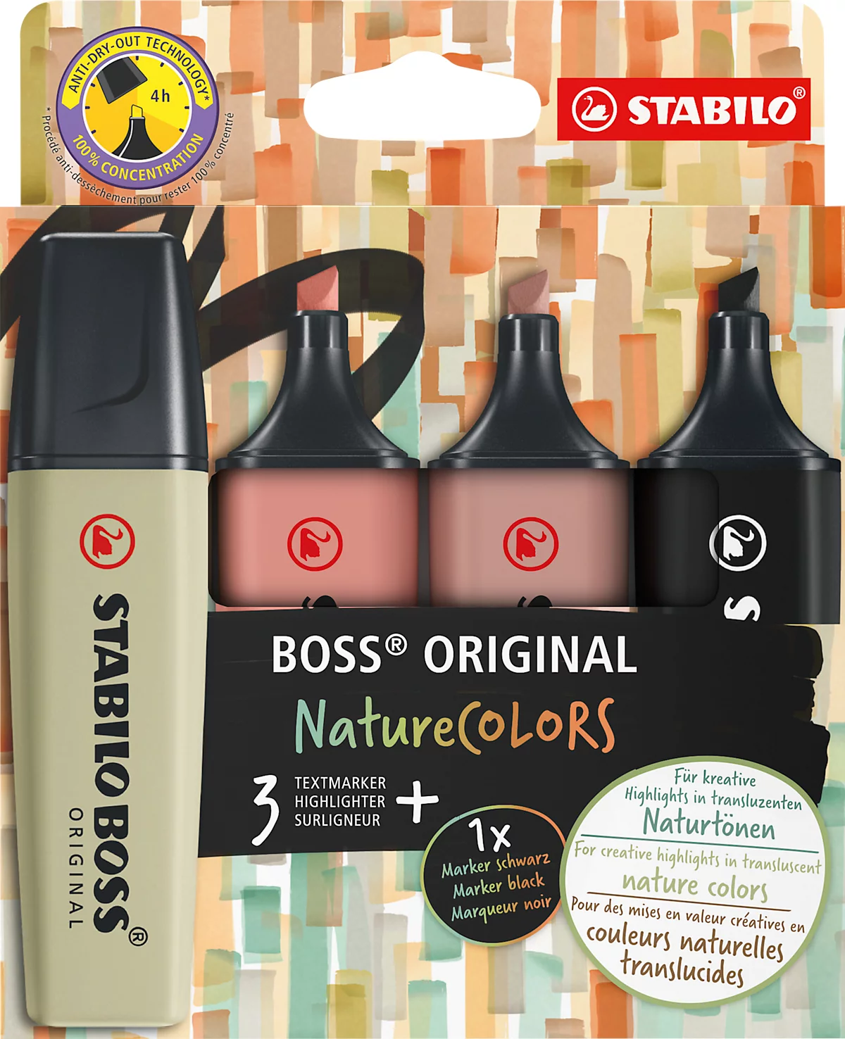 Textmarker STABILO® BOSS Original NatureCOLORS, Keilspitze, lichtbeständig, schnell trocknend, farbsortiert, 4 Stück