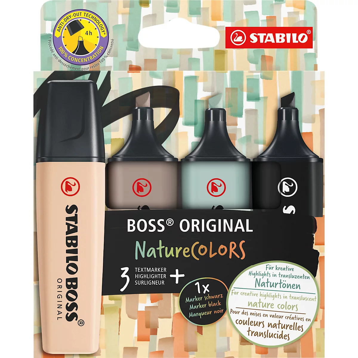 Textmarker STABILO® BOSS Original NatureCOLORS, Keilspitze, lichtbeständig, schnell trocknend, farbsortiert, 4 Stück