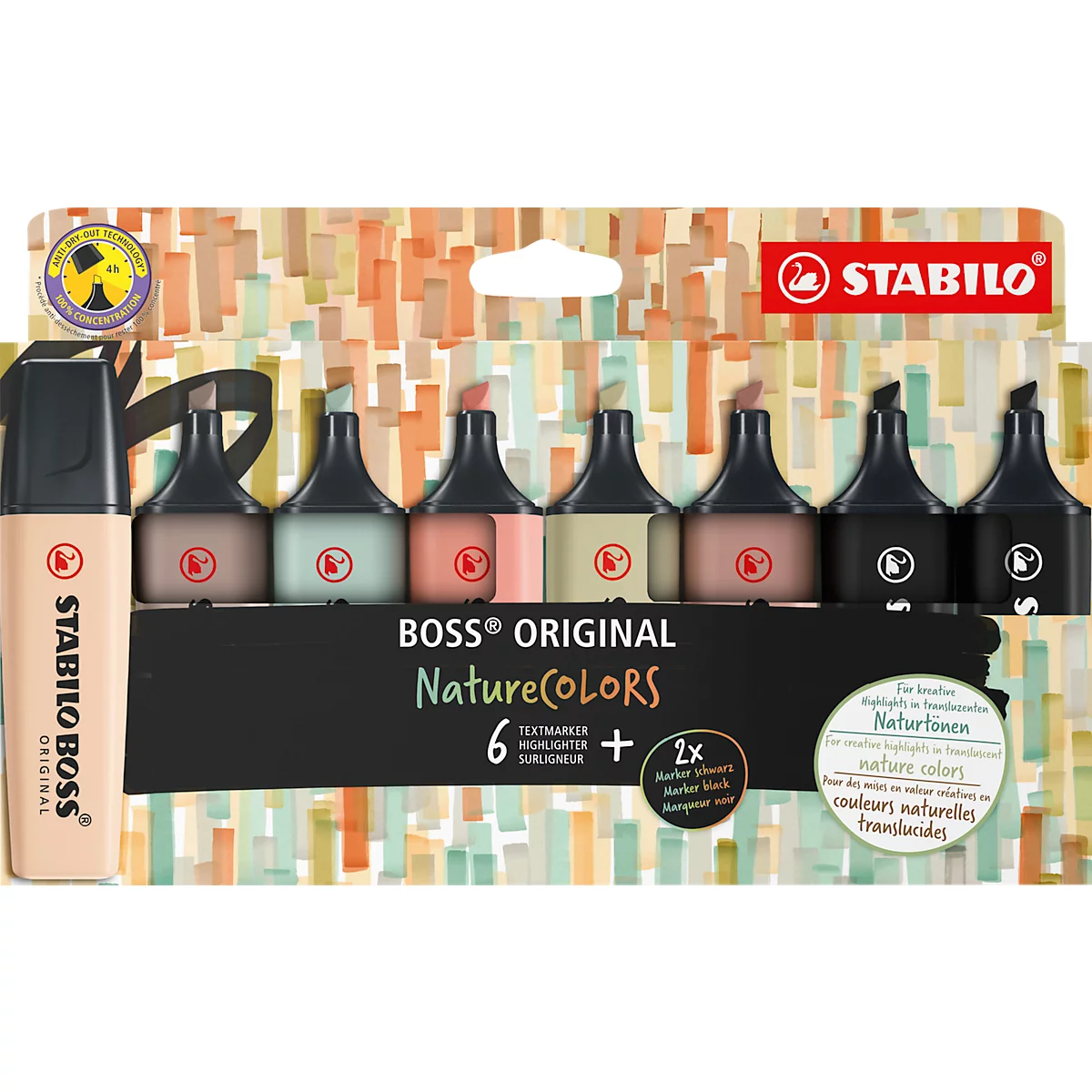 Textmarker STABILO® BOSS Original NatureCOLORS, Keilspitze, lichtbeständig, schnell trocknend, farbsortiert, 8 Stück