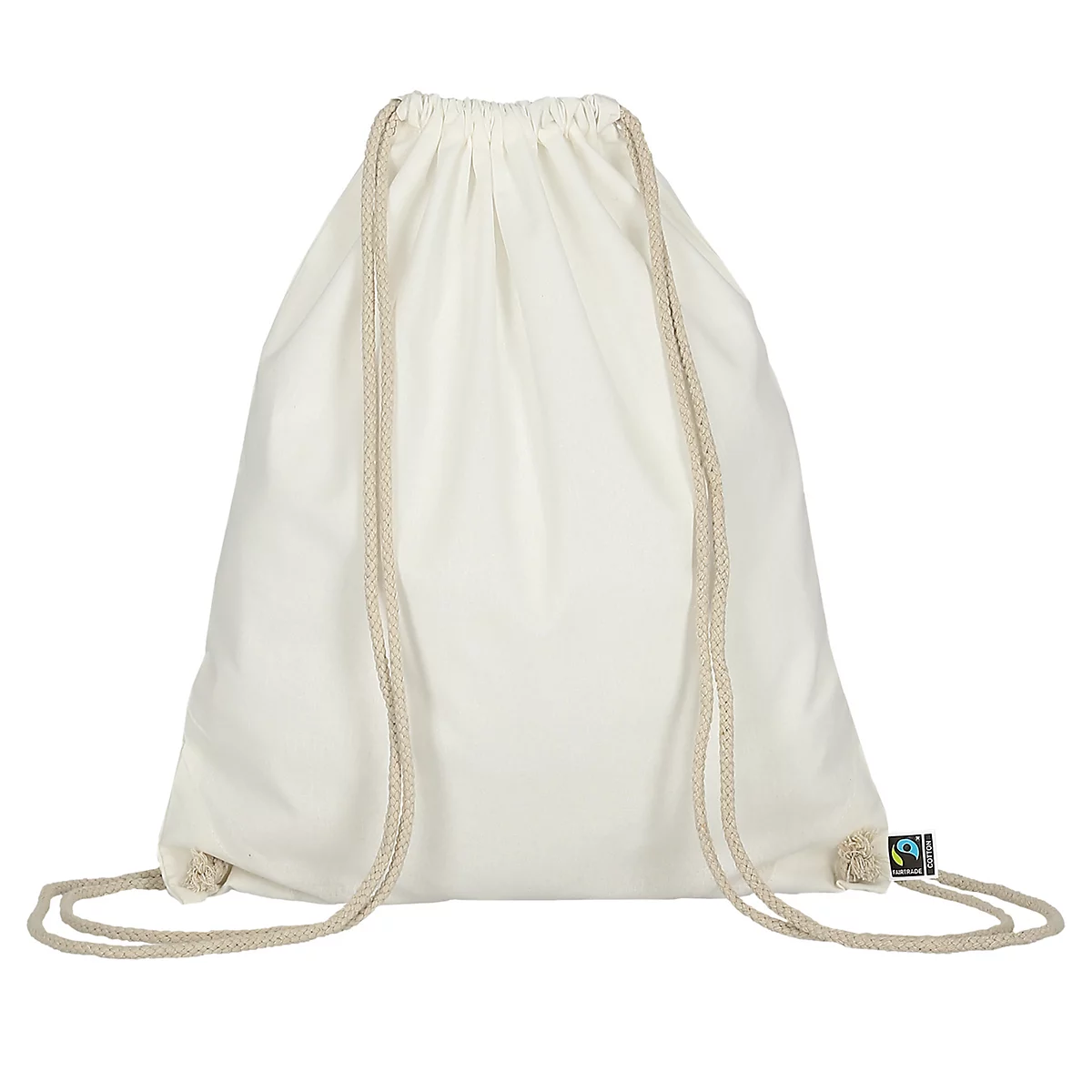 Witte stoffen tas met trekkoord en fairtrade keurmerk.