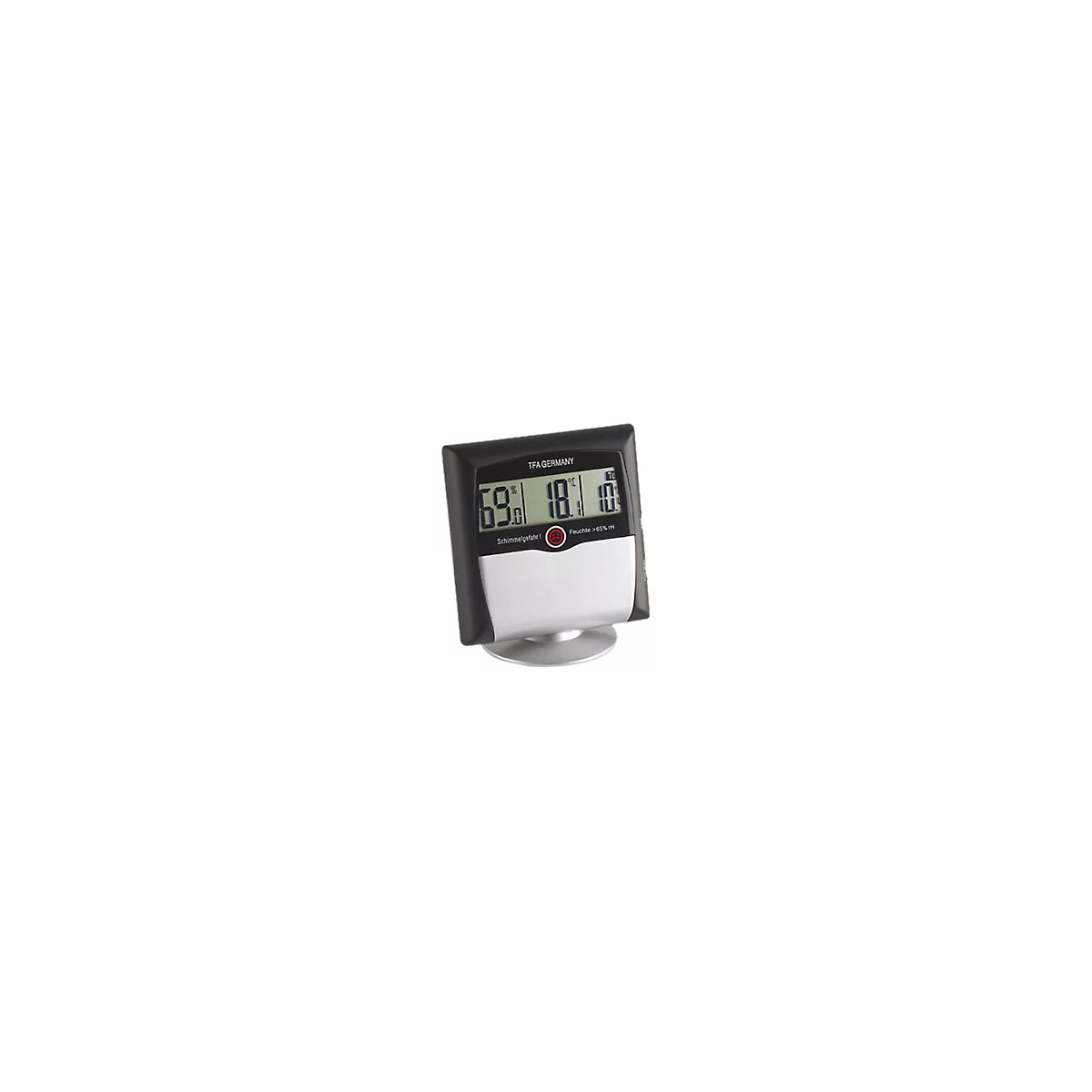 Digitales Thermo-Hygrometer von TFA mit Displayanzeige für Temperatur, Luftfeuchtigkeit und Schimmelwarnung.