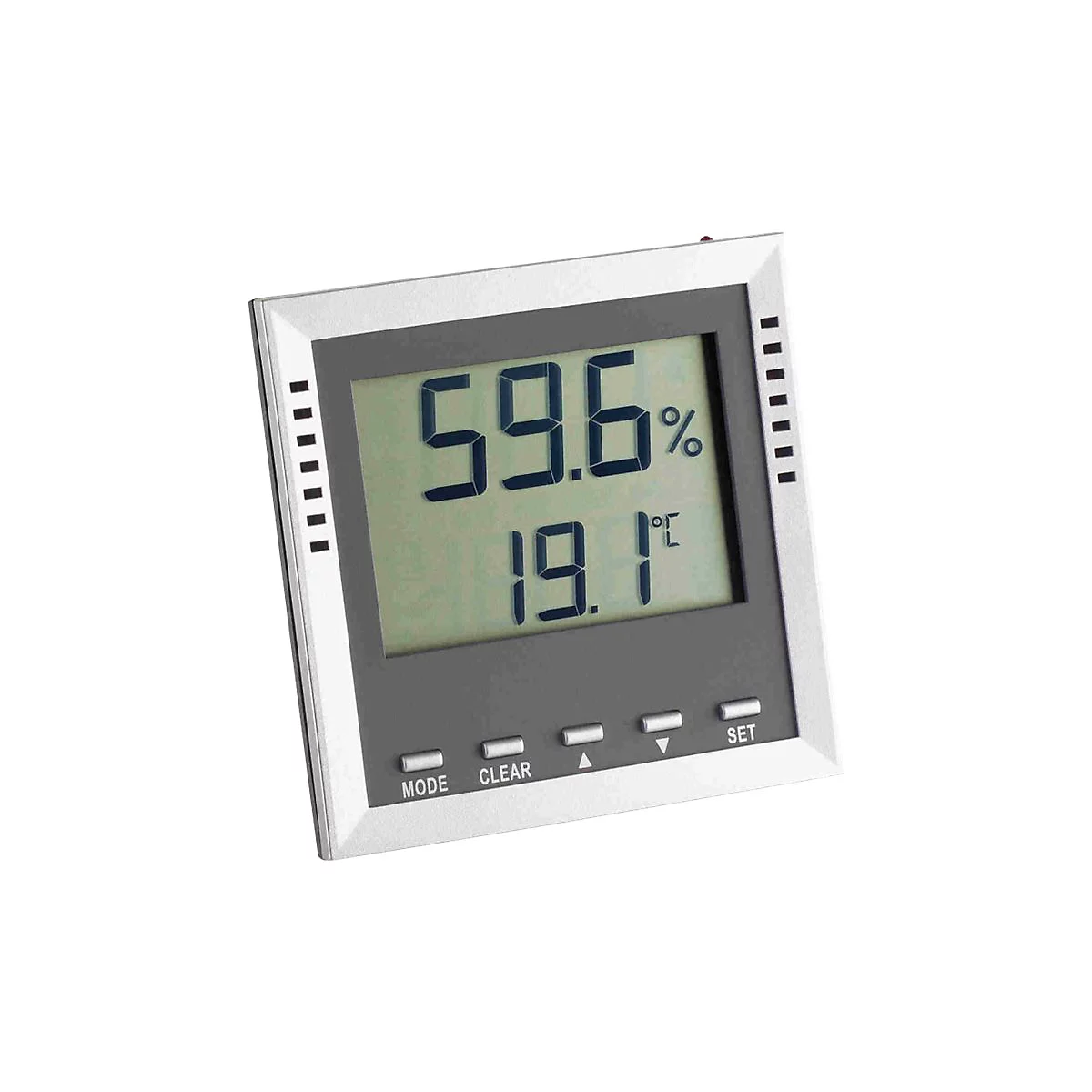 Digitales Hygrometer mit grauem Display und silbernem Rahmen, zeigt 59,6% Luftfeuchtigkeit und 19,1 Grad Celsius an.