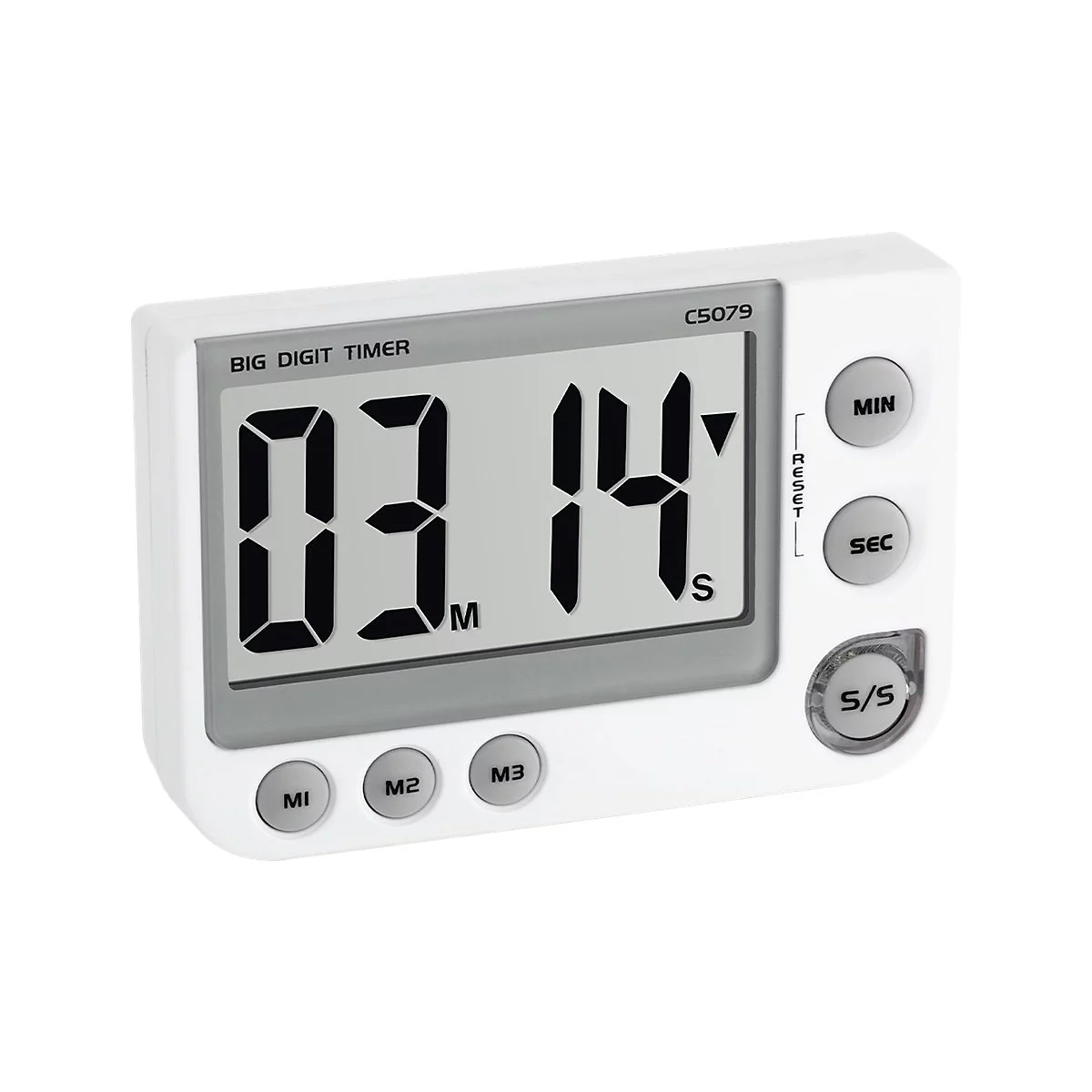 Digitaler Kurzzeitwecker in Weiß mit großem Display und sechs grauen Bedientasten vor neutralem Hintergrund.