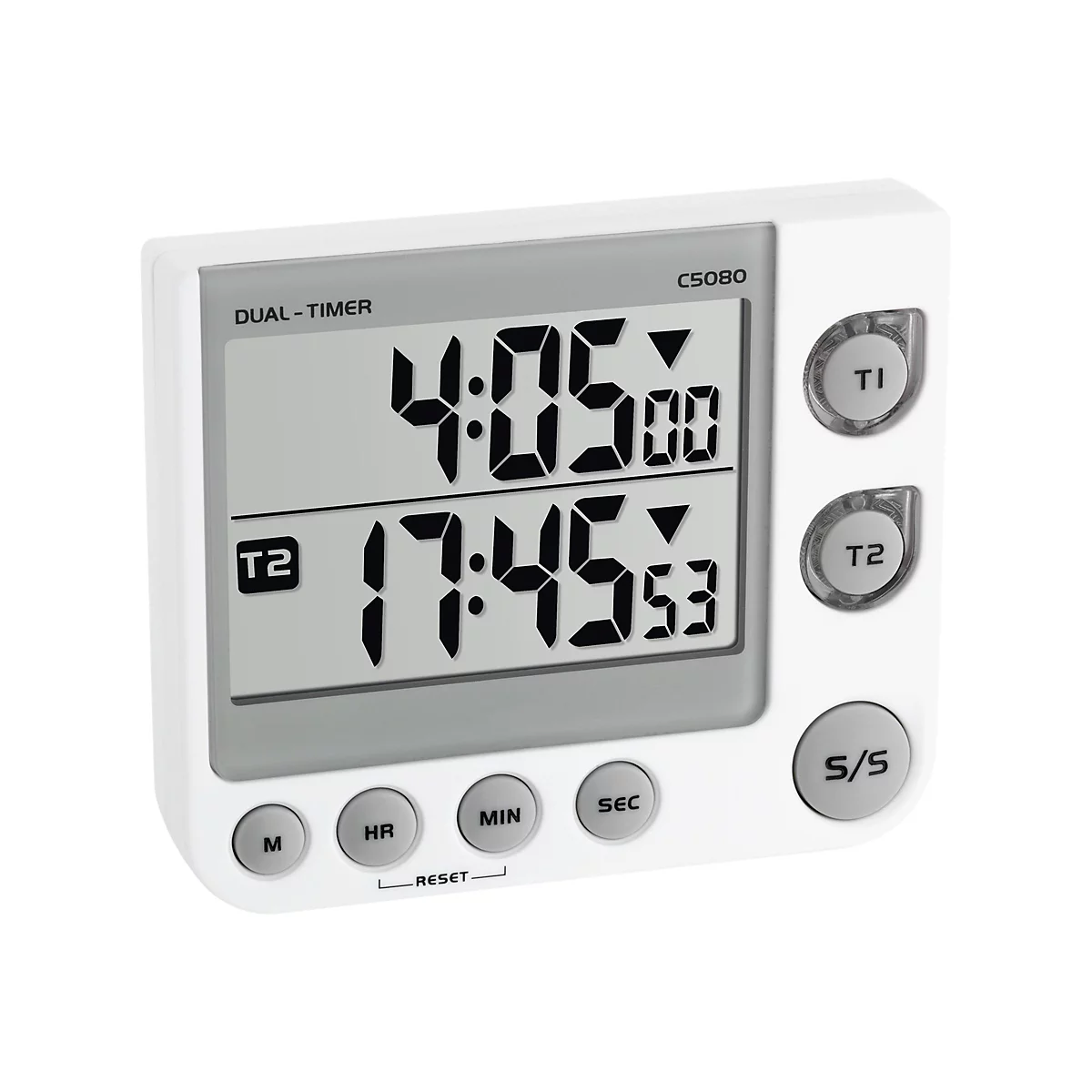 Digitaler Dual-Timer mit weißem Gehäuse und grauem Display, das zwei Zeitintervalle anzeigt.