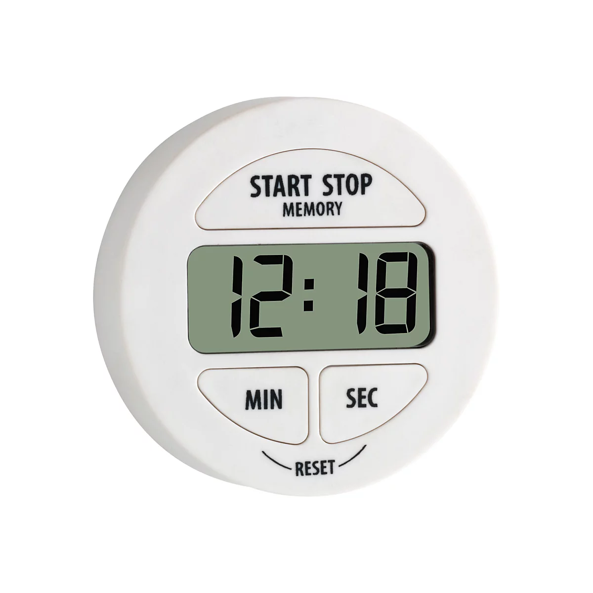 Runder, weißer digitaler Kurzzeitmesser mit LCD-Anzeige, drei Tasten für Start/Stop, Minuten und Sekunden.