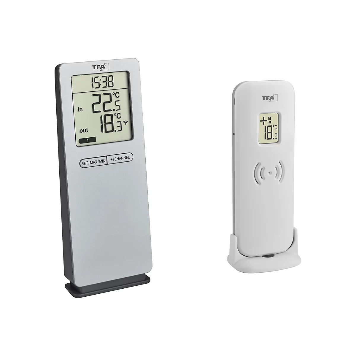 Digitales Funk-Thermometer von TFA mit Basisstation in Silber und weißem Außensensor auf weißem Hintergrund.