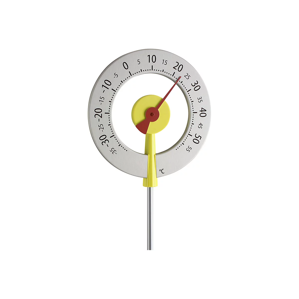 Rundes analoges Thermometer mit silberner Skala von -35 bis 55 Grad Celsius und gelbem Zeiger auf weißem Grund.