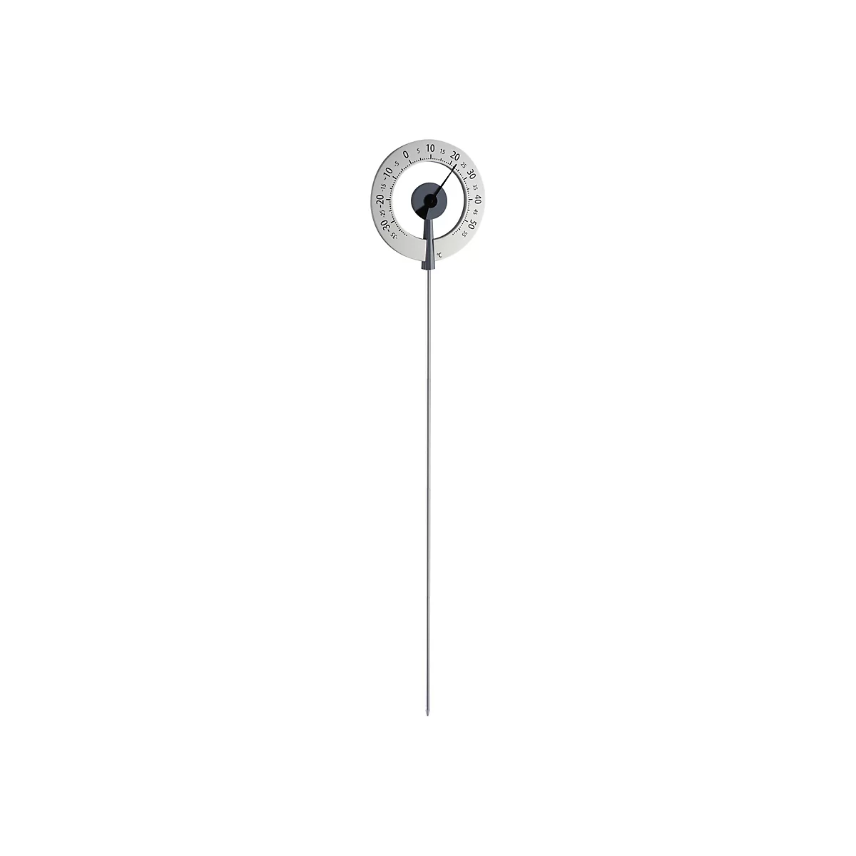 Rundes Edelstahl-Thermometer mit langem Messstab vor weißem Hintergrund.