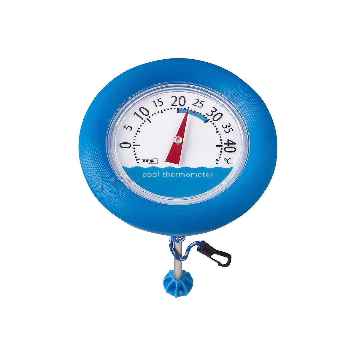 Rundes, blaues Poolthermometer mit analoger Anzeige und weißem Ziffernblatt.