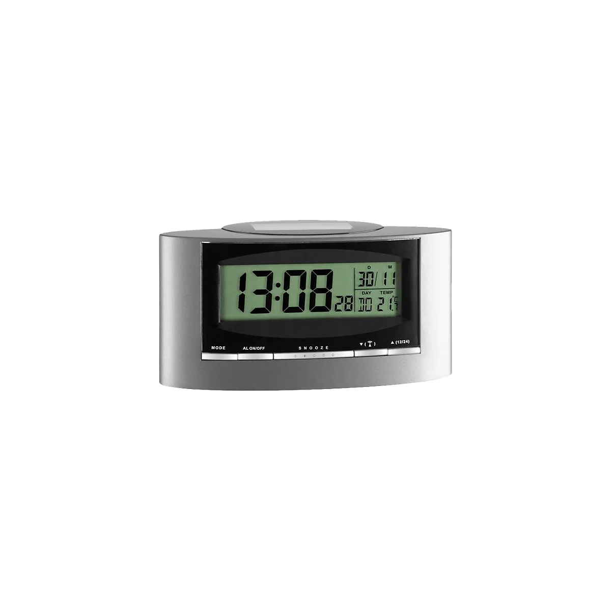 Silberner Digitalwecker mit LCD-Display, Uhrzeit, Datum und Temperaturanzeige auf weißem Hintergrund.