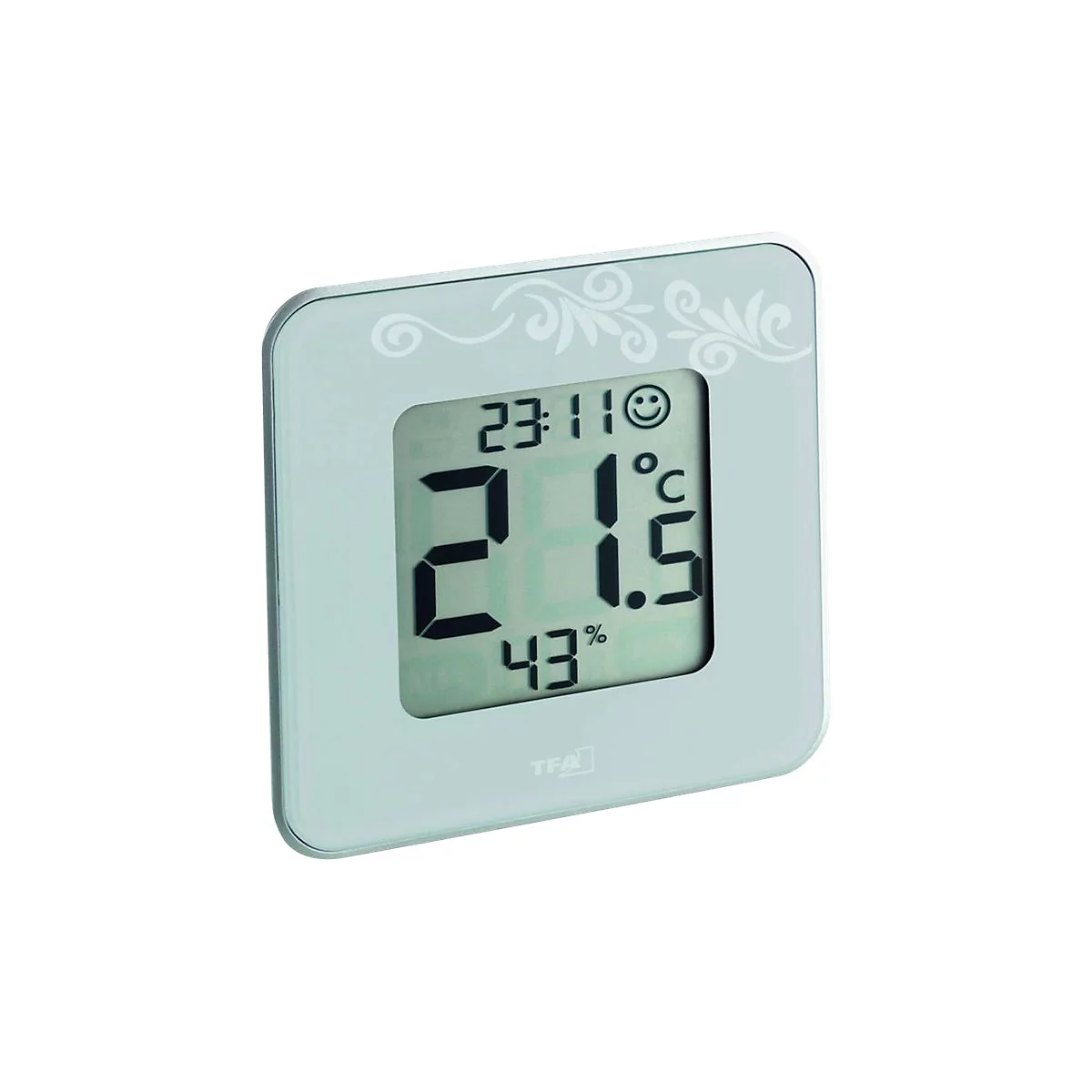 Digitales Thermo-Hygrometer mit weißem Rahmen und floralem Design auf weißem Hintergrund.