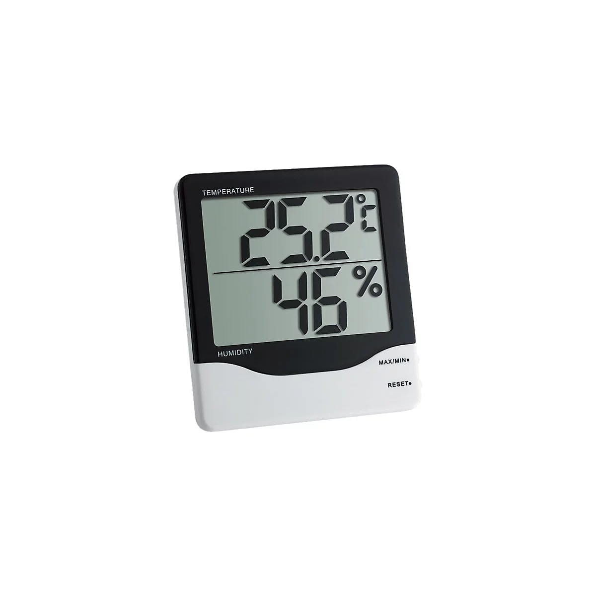 Digitales Hygrometer und Thermometer mit großem Display zeigt 25,2 Grad Celsius und 46 Prozent Luftfeuchtigkeit.