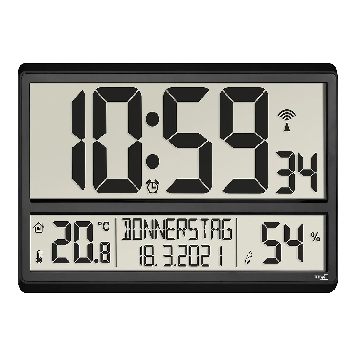Digitaluhr mit schwarzem Rahmen, zeigt 10:59 Uhr, Datum Donnerstag 18.3.2021, 20,8 Grad und 54 Prozent Luftfeuchtigkeit.