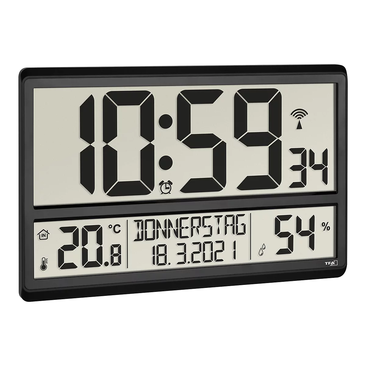 Digitaler Wandwecker mit schwarzem Rahmen, zeigt 10:59 Uhr, Datum, Innentemperatur und Luftfeuchtigkeit an.