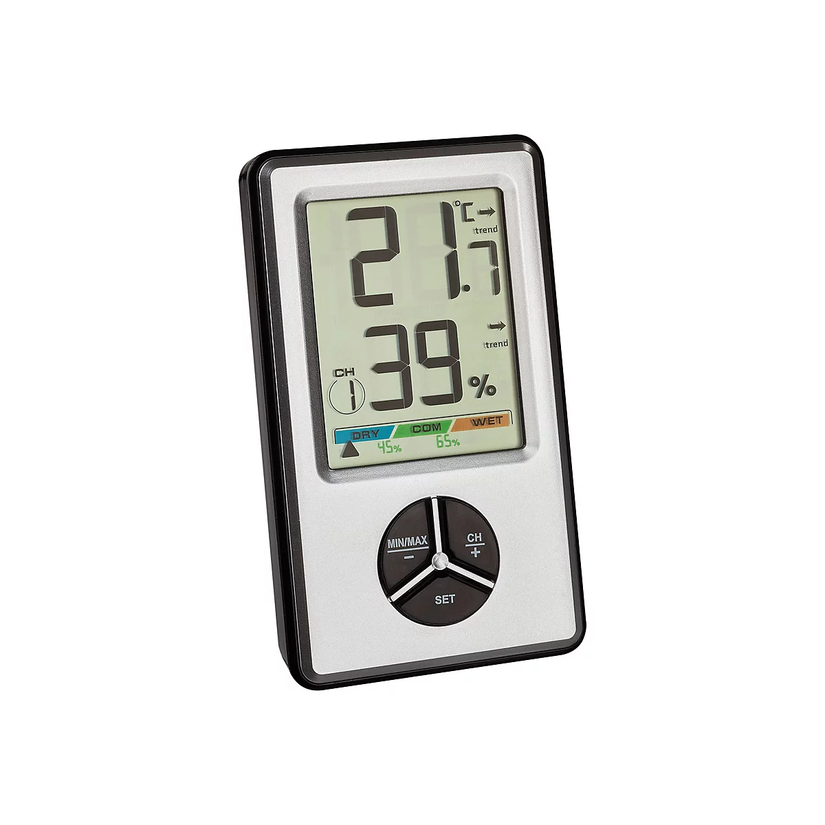 Digitales Hygrometer mit silbernem Gehäuse zeigt Temperatur und Luftfeuchtigkeit mit Trendpfeilen an.