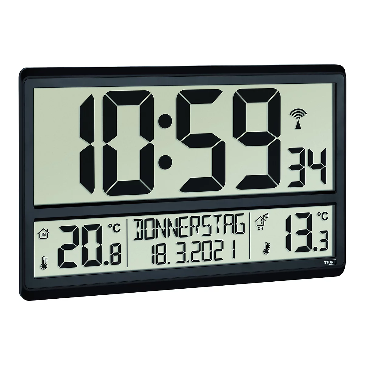 Digitale Wanduhr mit schwarzem Rahmen, zeigt Zeit, Wochentag, Datum und Innen- sowie Außentemperatur an.