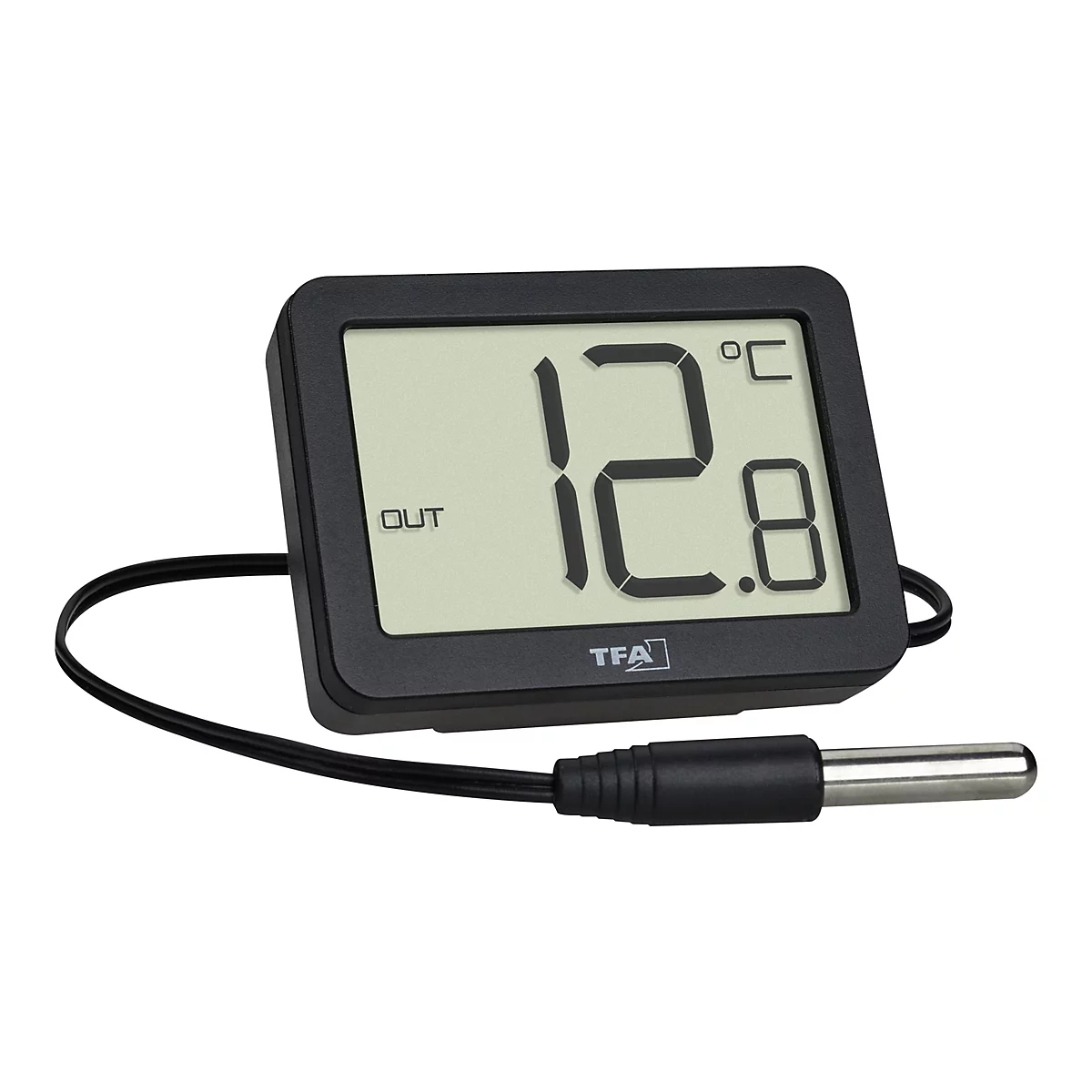 Digitales TFA-Thermometer in Schwarz mit Displayanzeige 12,8 Grad Celsius und externem Sensor am Kabel.