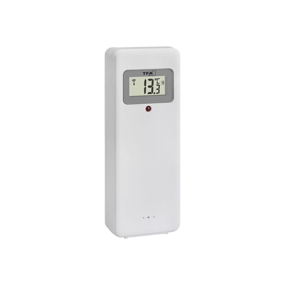 Weißer, rechteckiger Außensensor mit Displayanzeige der Temperatur von 13,3 Grad Celsius und TFA-Logo.