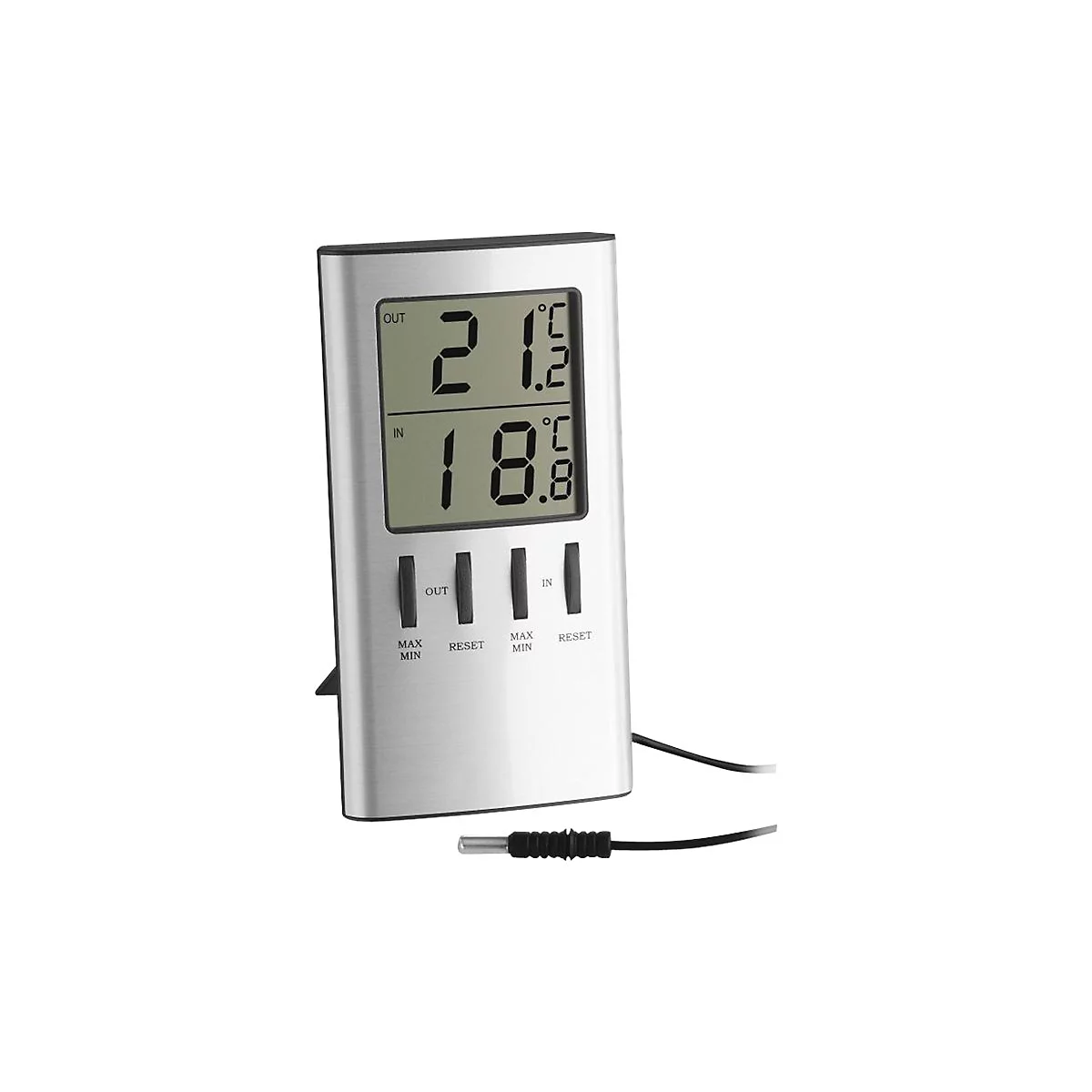 Digitales Innenthermometer in silbernem Gehäuse mit LCD-Display, Temperaturanzeige und Bedienknöpfen.